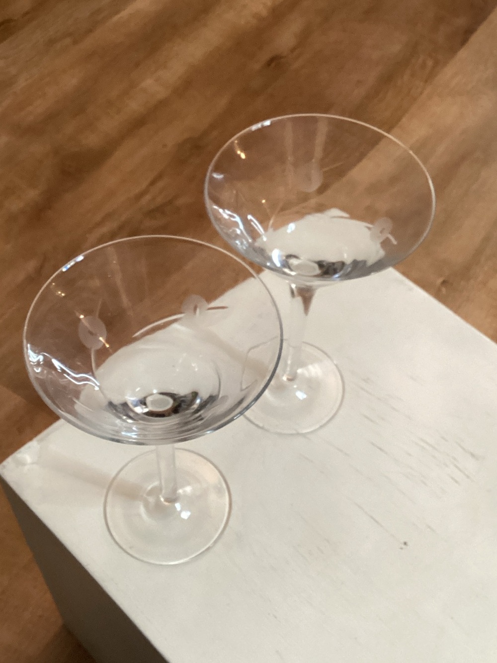 Clear Glass Martini Coupe - Set of 2 - Olives etched in Glass - 7” Tall